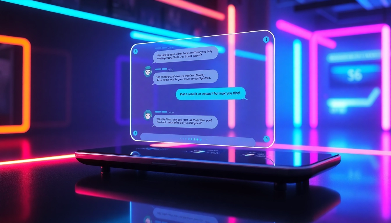 Futuristic AI chat interface with holographic conversation on a sleek device in a neon-lit cyberpunk environment.