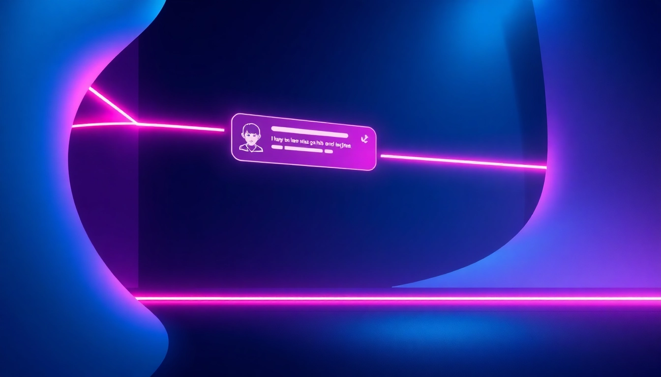 Futuristic digital chat interface with glowing neon accents and stylized characters in a cyber aesthetic.