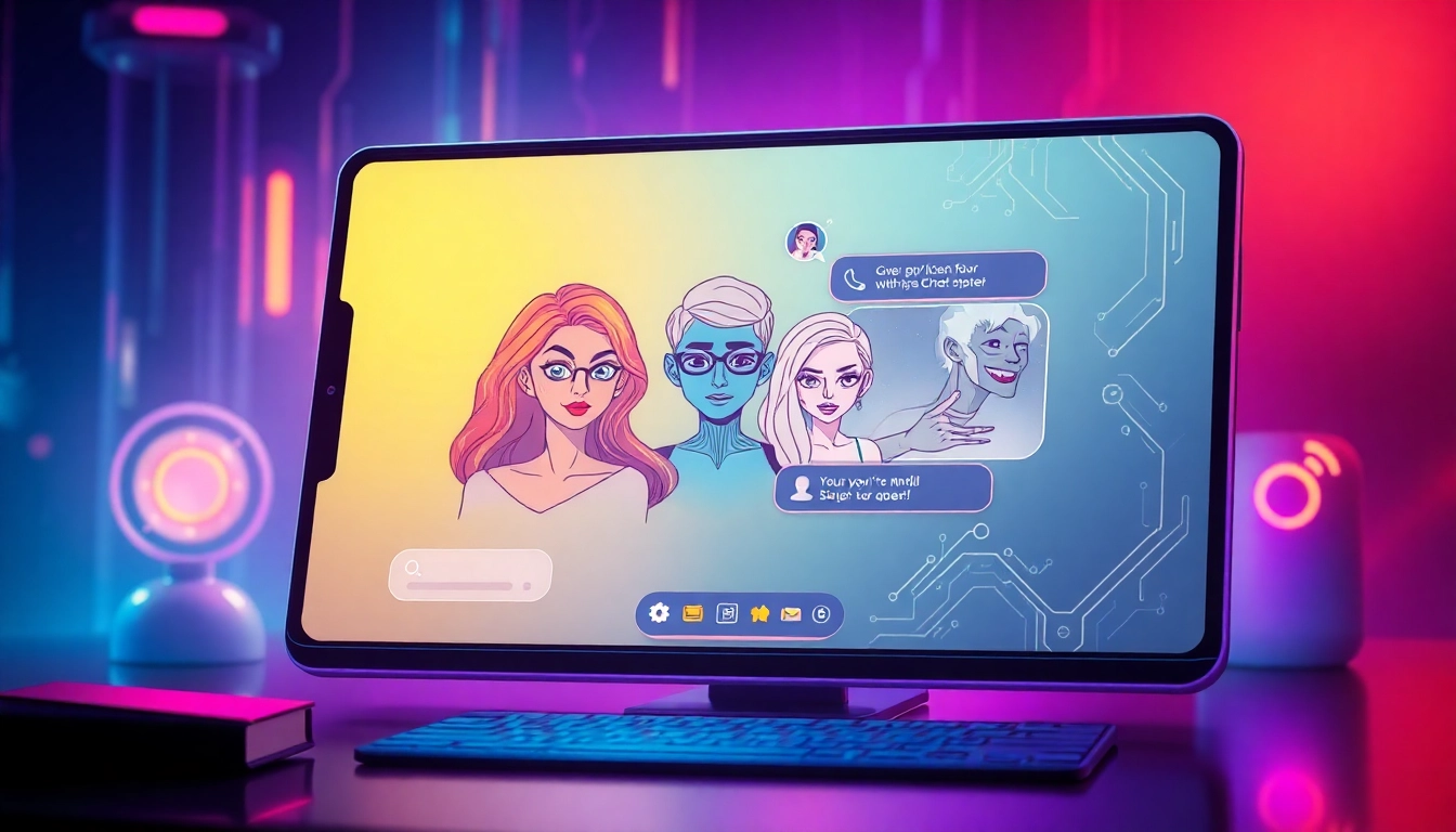 Illustration of a futuristic chat platform with customizable AI characters displayed on a smartphone and computer screen, featuring vibrant neon colors and high-tech environment.