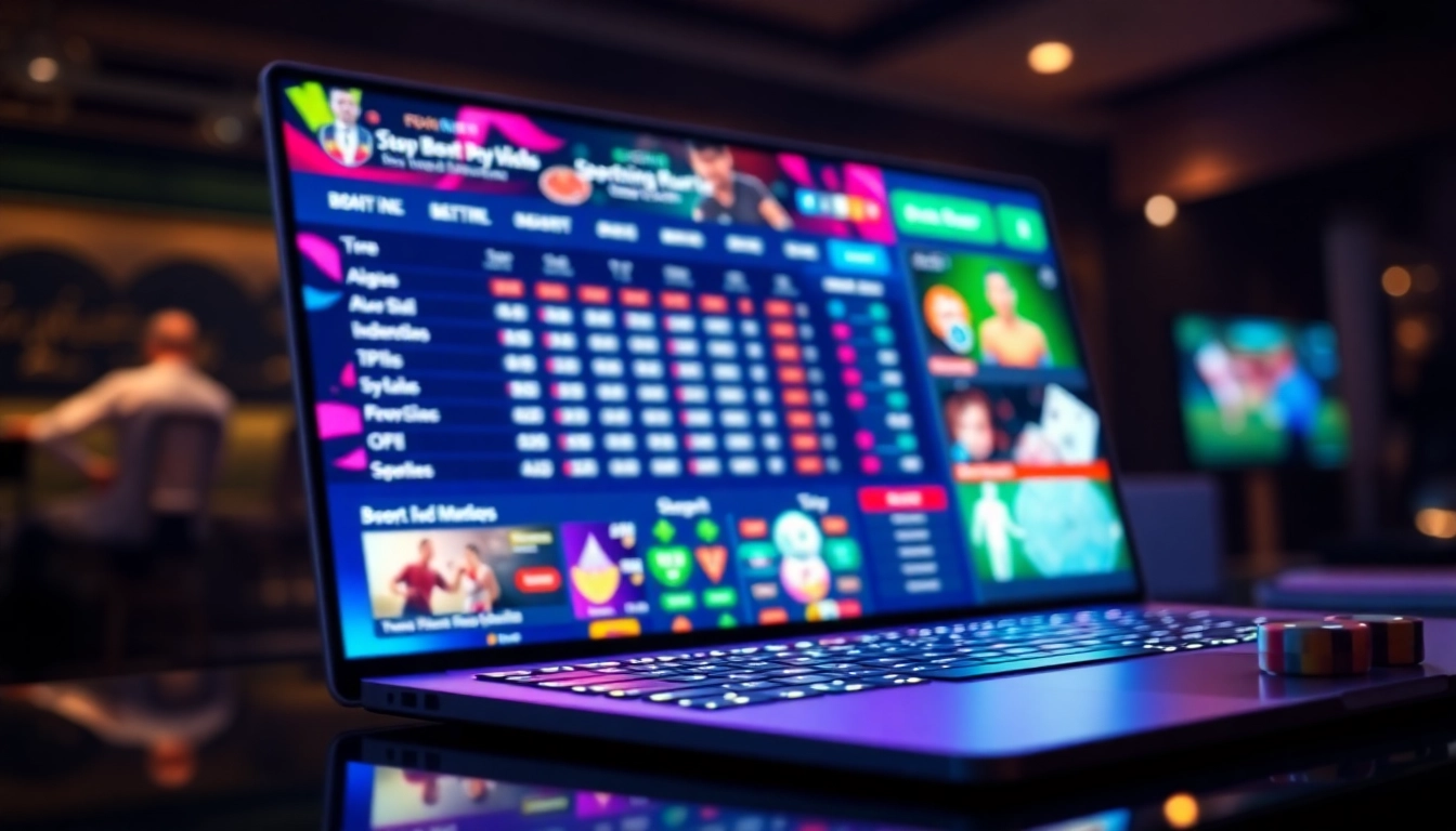 An illustration of an online sportsbook and casino platform with colorful sports and betting icons displayed on a computer screen.
