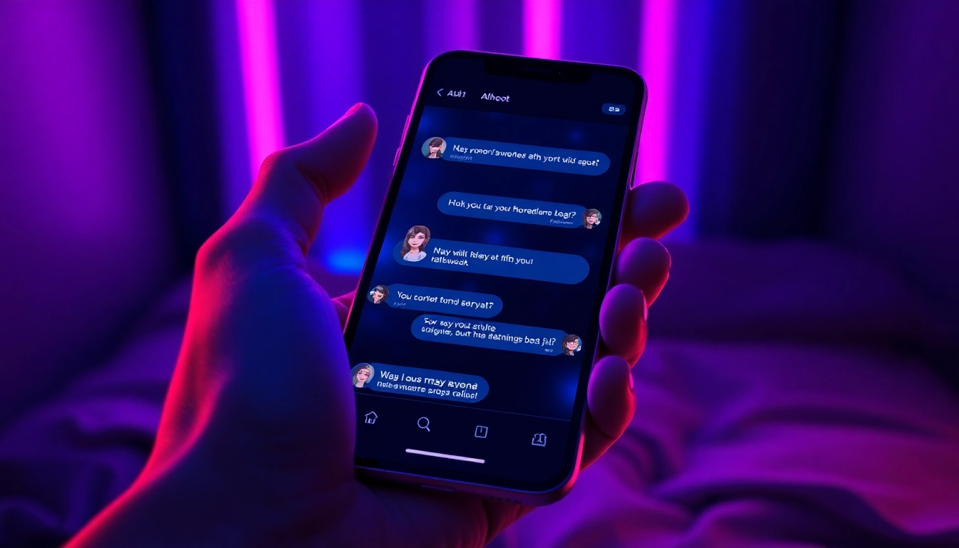 Close-up of a smartphone displaying a flirtatious AI chat interface with glowing accents and alluring character avatars.