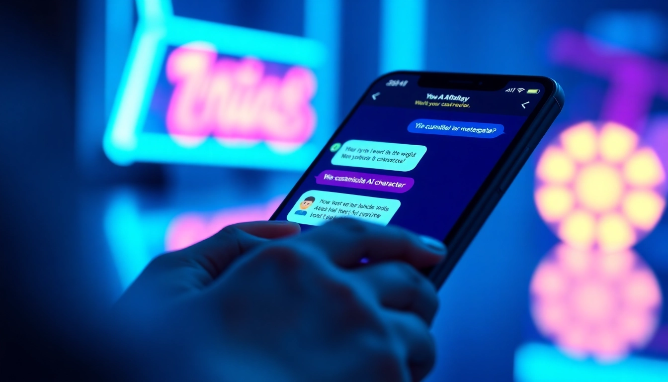 Close-up of a smartphone displaying a vibrant chat interface with an AI character, set against a softly blurred, neon-lit background.