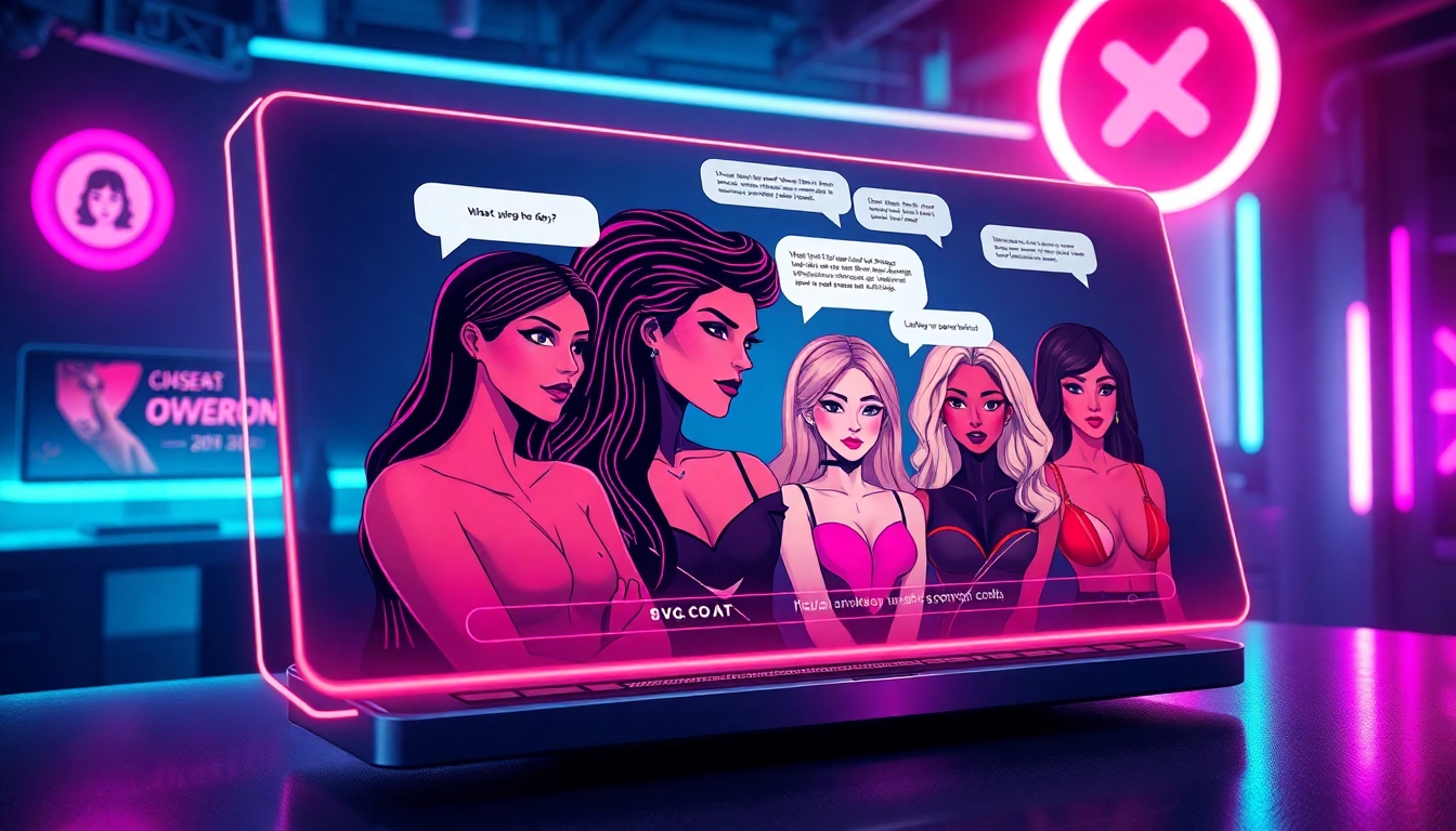 Futuristic digital chat interface with alluring AI characters in a neon-lit cyberpunk setting.
