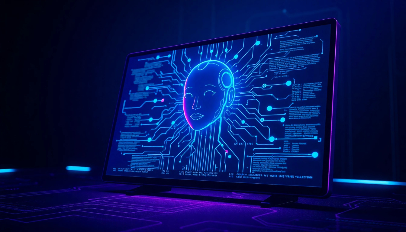 Futuristic AI chatbot interface with glowing neon accents and digital data streams