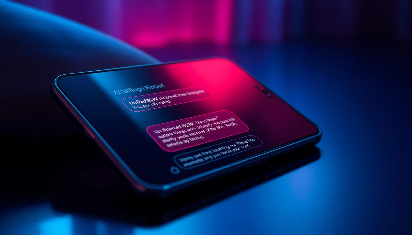 An engaging depiction of a user chatting with an unfiltered NSFW AI, highlighting the intimacy and raw interaction in the digital conversation, emphasizing realism and modern design.