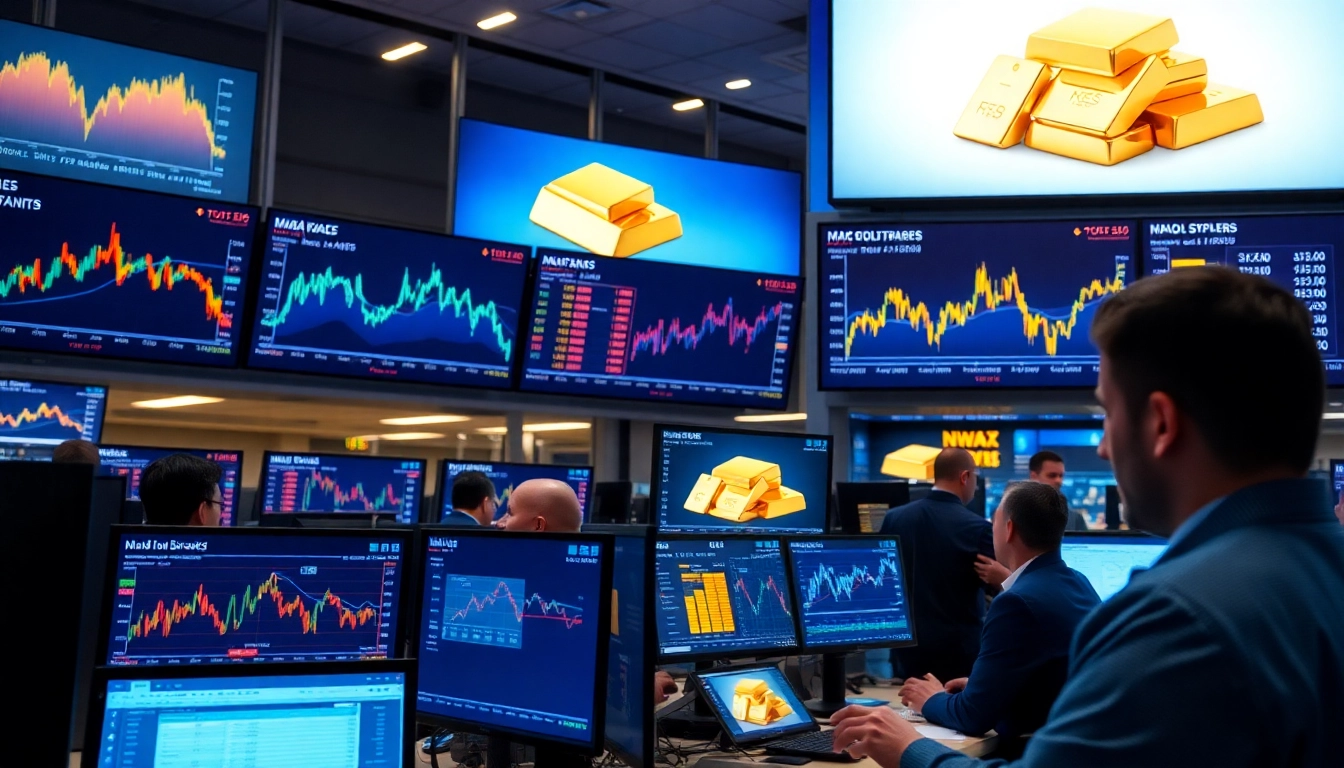 Financial Markets News UK headlined in a dynamic scene of traders analyzing stock and gold