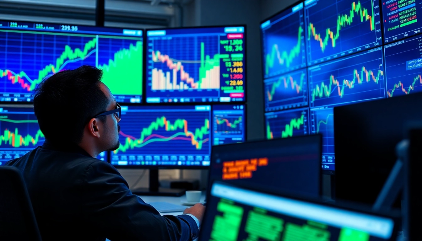 Online Stock Trading concepts showing trader using digital graphs and screens for efficient